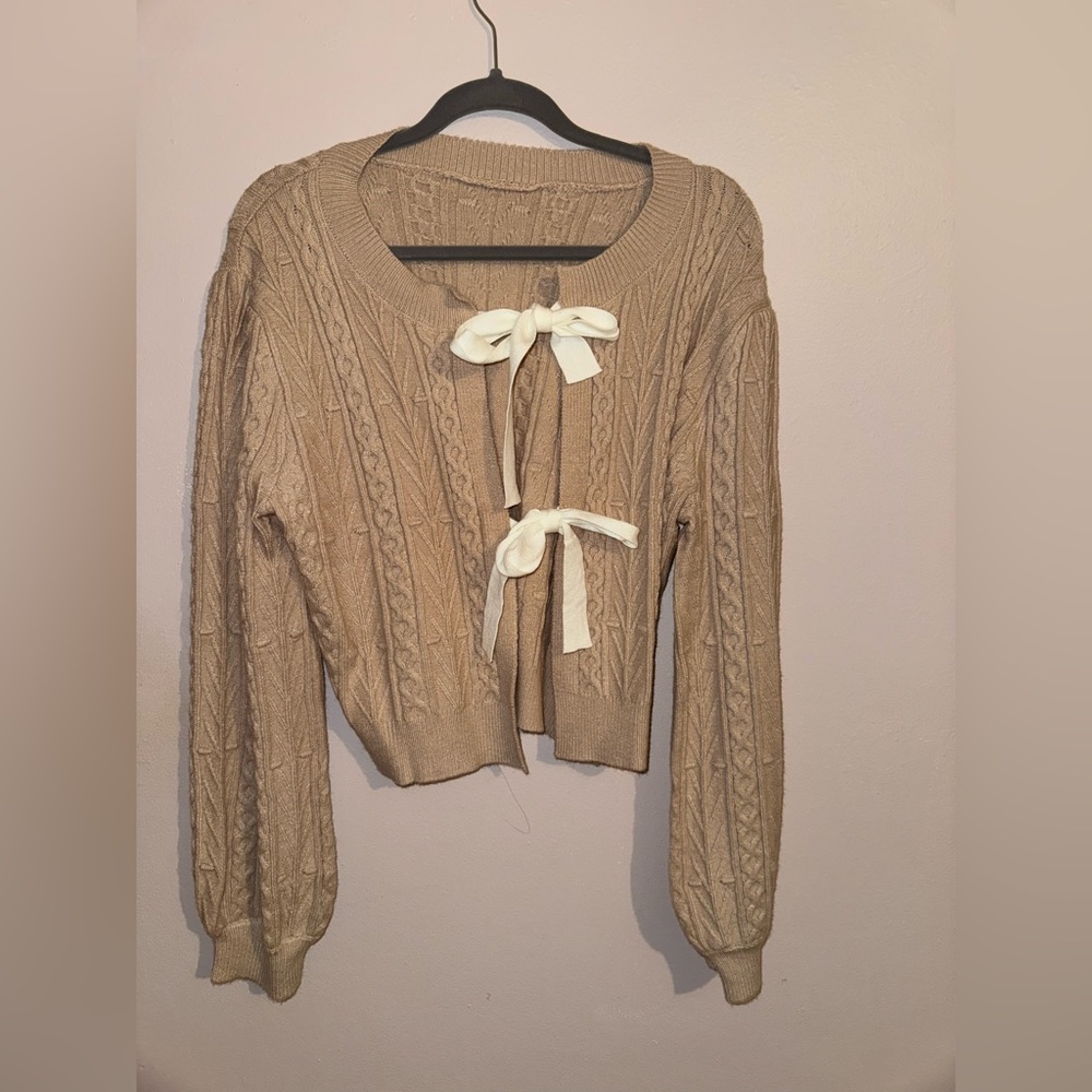 Amazon Tan Cable Knit Cardigan with Cream Bow Ties